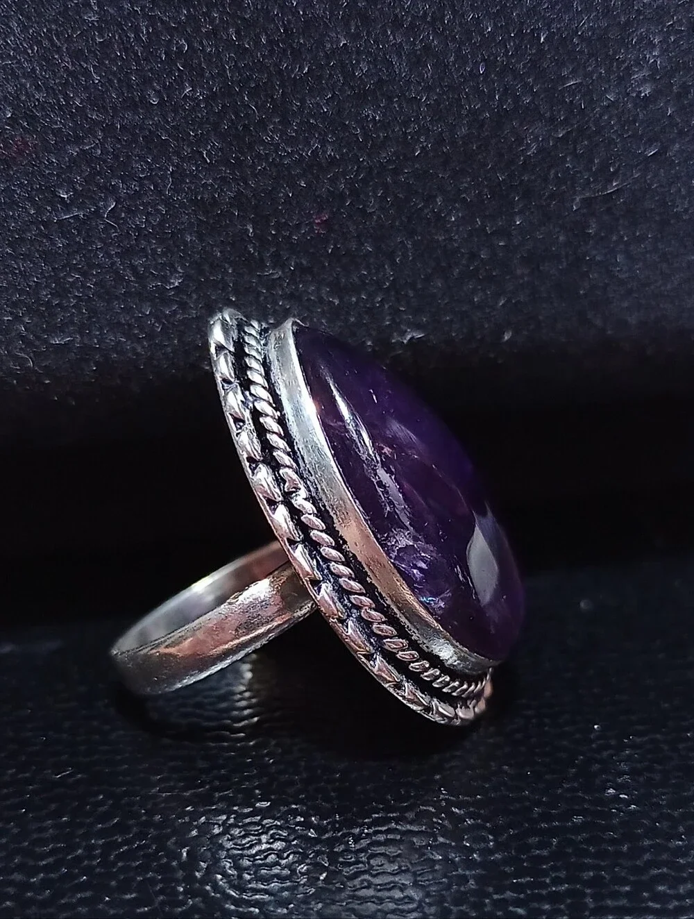 Natural Purple Amethyst Silver Teardrop Statement Ring Sz 6